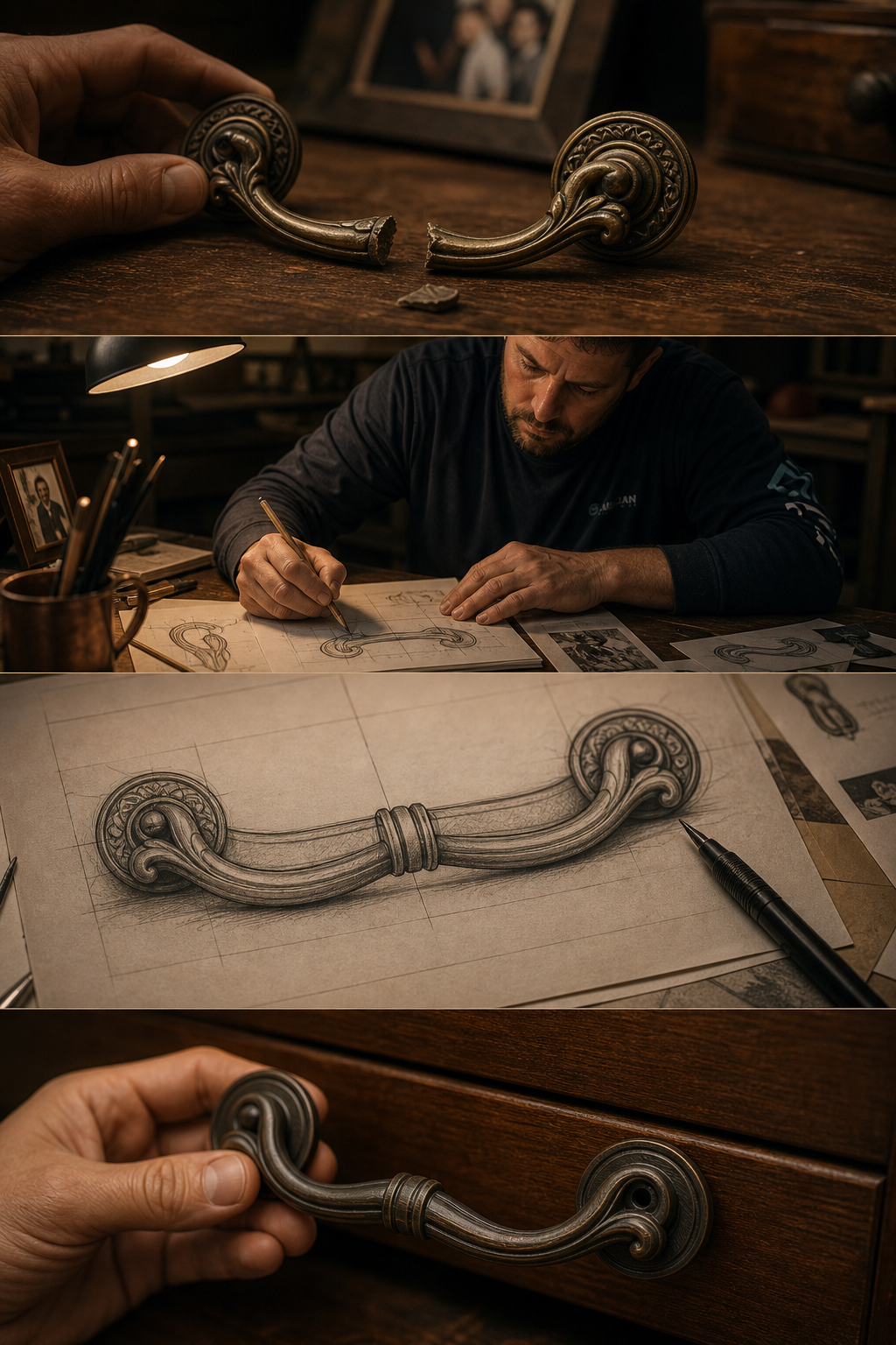 A broken household handle studied, sketched, and guided toward a printable restored form.